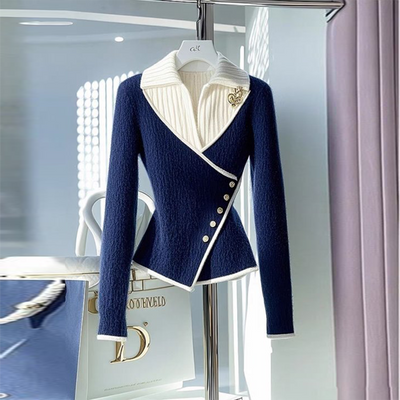 Stefania® | Blauer V-Ausschnitt-Pullover mit Farbblock