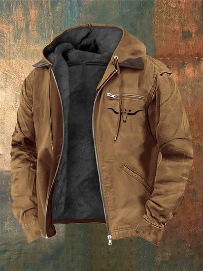 Alois® | Herren Vintage Samtjacke mit Western-Stierkopf-Print und Reißverschluss