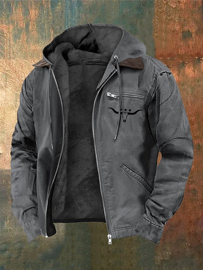 Alois® | Herren Vintage Samtjacke mit Western-Stierkopf-Print und Reißverschluss
