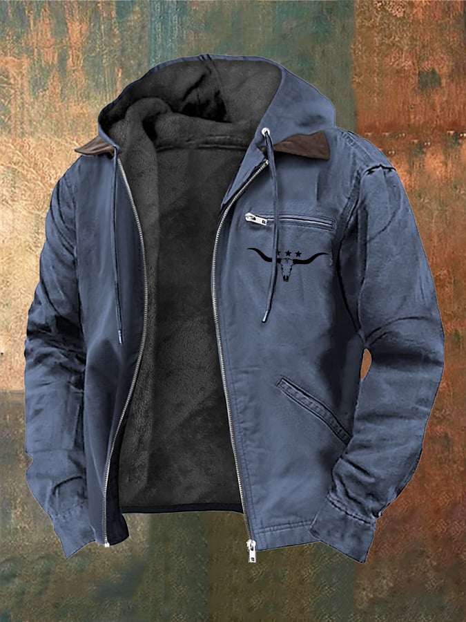 Alois® | Herren Vintage Samtjacke mit Western-Stierkopf-Print und Reißverschluss