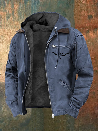 Alois® | Herren Vintage Samtjacke mit Western-Stierkopf-Print und Reißverschluss
