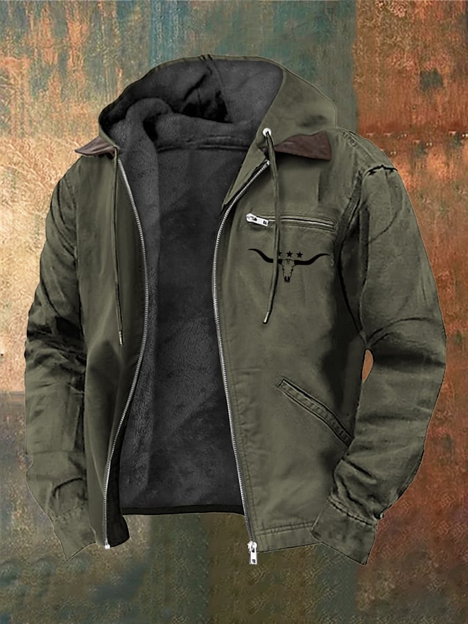 Alois® | Herren Vintage Samtjacke mit Western-Stierkopf-Print und Reißverschluss