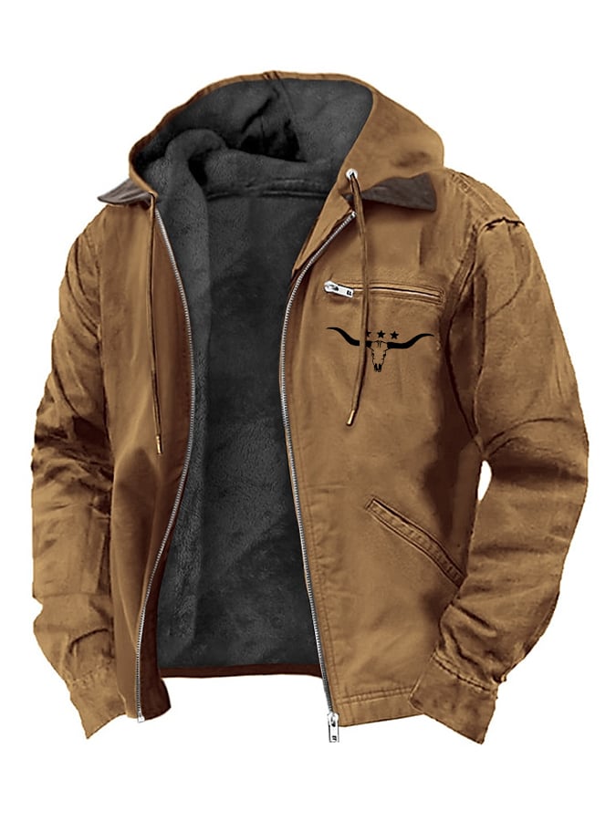 Alois® | Herren Vintage Samtjacke mit Western-Stierkopf-Print und Reißverschluss