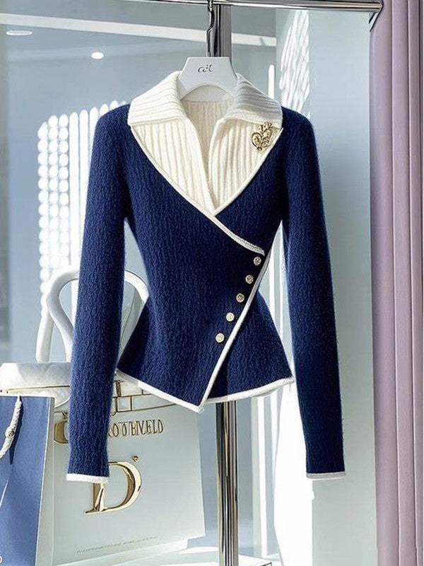 Stefania® | Blauer V-Ausschnitt-Pullover mit Farbblock
